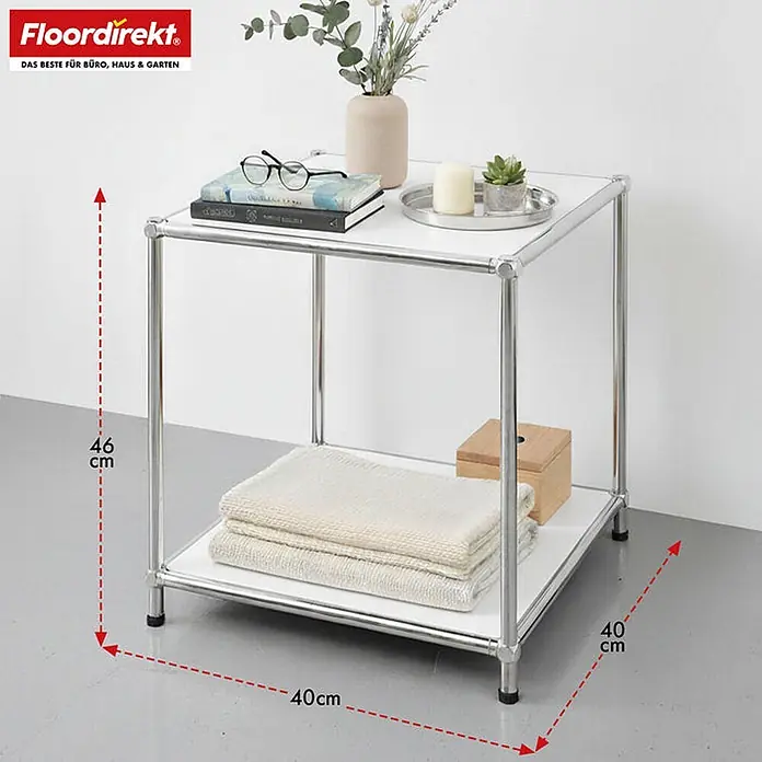 Floordirekt Metallregal Concept Epure MK-012 Weiß 40 x 40 x 46 cm -  - Weißer Beistelltisch mit zwei Ablagen und Chromgestell, 46x40x40 cm.