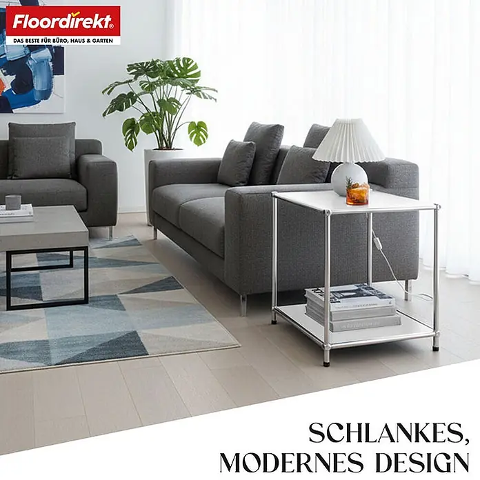Floordirekt Metallregal Concept Epure MK-012 Weiß 40 x 40 x 46 cm -  - Modernes Wohnzimmer mit grauen Sofas und einem schlanken Beistelltisch.