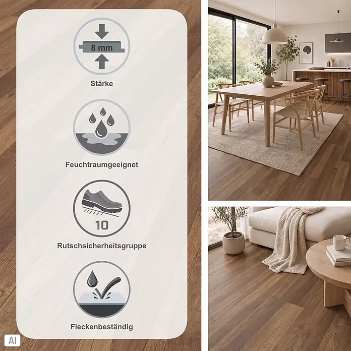 Parador Designboden Modular One - Eiche Linea antik, 1.285 x 194 x 8 mm - Brauner Holzboden (8mm Stärke, feuchtraumgeeignet, Rutschsicherheitsgruppe 10, fleckenbeständig) in modernen Wohnräumen.