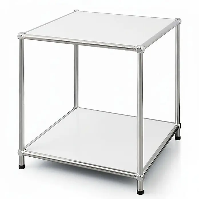 Floordirekt Metallregal Concept Epure MK-012 Weiß 40 x 40 x 46 cm -  - Kompaktes zweistöckiges Regal mit verchromtem Rohrrahmen und weißen oberen und unteren Ablagen.