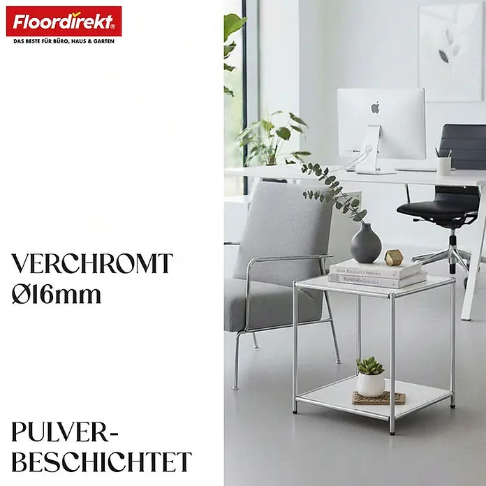 Floordirekt Metallregal Concept Epure MK-012 Weiß 40 x 40 x 46 cm -  - Kleiner quadratischer Beistelltisch mit verchromtem Gestell (Ø16mm) und zwei pulverbeschichteten Ablageflächen.
