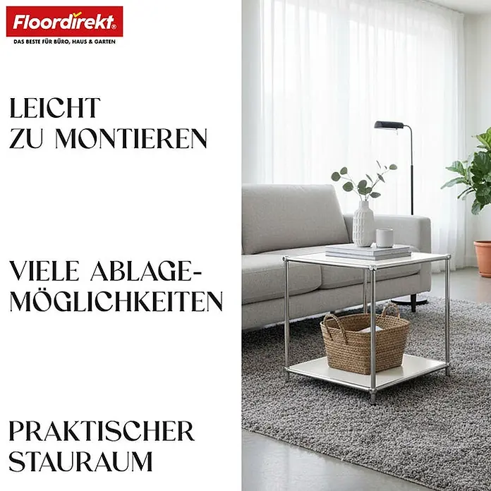 Floordirekt Metallregal Concept Epure MK-012 Weiß 40 x 40 x 46 cm -  - Ein moderner zweistöckiger Beistelltisch mit silbernem Metallrahmen und weißen Ablagen, der praktischen Stauraum im Wohnzimmer bietet.