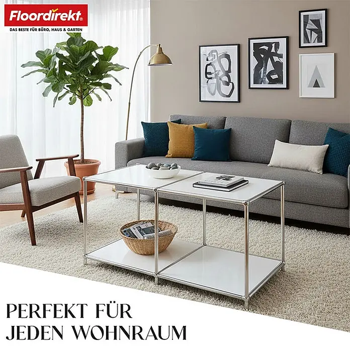 Floordirekt Metallregal Concept Epure MK-016 Sideboard 78 x 40 x 46 cm Weiß -  - Zwei weiße rechteckige Couchtische mit Chromgestellen in einem Wohnzimmer.