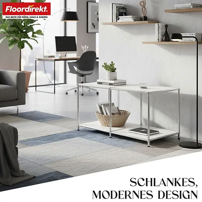 Floordirekt Metallregal Concept Epure MK-016 Sideboard 78 x 40 x 46 cm Weiß -  - Modernes weiß-silbernes Regal mit zwei Ablagen in einem zeitgenössischen Wohnraum.