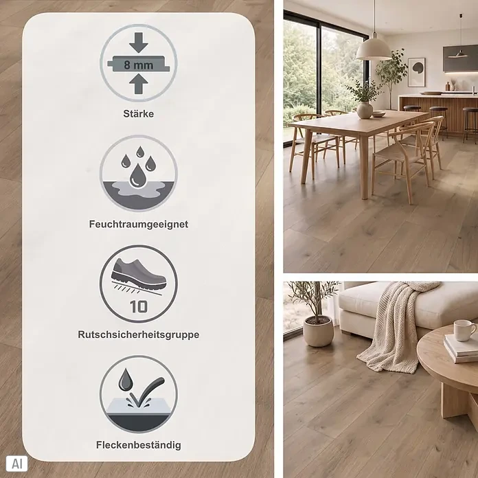 Parador Designboden Modular One - Eiche Como, 1.285 x 194 x 8 mm - Helle Laminatdielen, 8mm stark, feuchtraumgeeignet, rutschsicher (Gruppe 10) & fleckenbeständig. Im Ess- & Wohnbereich verlegt.