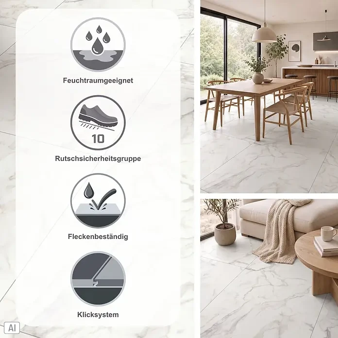 Parador Designboden Modular One - Marmor Eos weiß, Landhausdiele, 853 x 400 x 8 mm - Weißer Klick-Bodenbelag in Marmoroptik, feuchtraumgeeignet, rutsch- und fleckenbeständig, in modernen Wohn- und Essbereichen gezeigt.