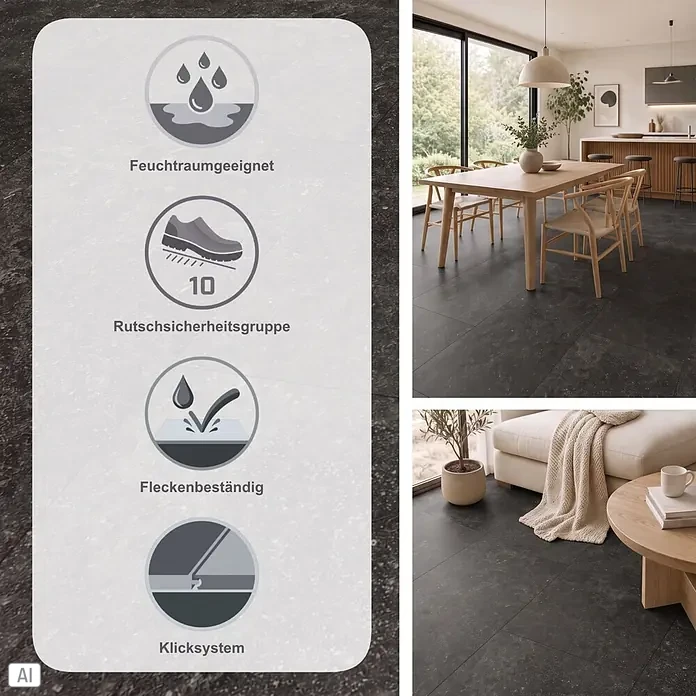 Parador Designboden Modular One - Granit anthrazit, Landhausdiele, 853 x 400 x 8 mm - Dunkle Steinoptik Fliesen mit Feuchtraum, Rutschsicherheitsgruppe 10, Fleckenbeständigkeit und Klicksystem. Gezeigt in Ess- und Wohnzimmern.