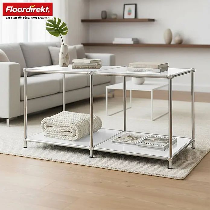 Floordirekt Metallregal Concept Epure MK-016 Sideboard 78 x 40 x 46 cm Weiß -  - Weiß-chromfarbener Modular-Couchtisch im Wohnzimmer, mit Decke, Büchern und Zeitschriften.