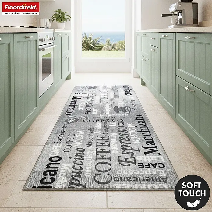 Floordirekt Teppichläufer Teppichläufer Coffee 80 x 150 cm - Küche - Grauer Küchenläufer mit Kaffee-Typografie, Soft Touch. Platziert in einer Küche.