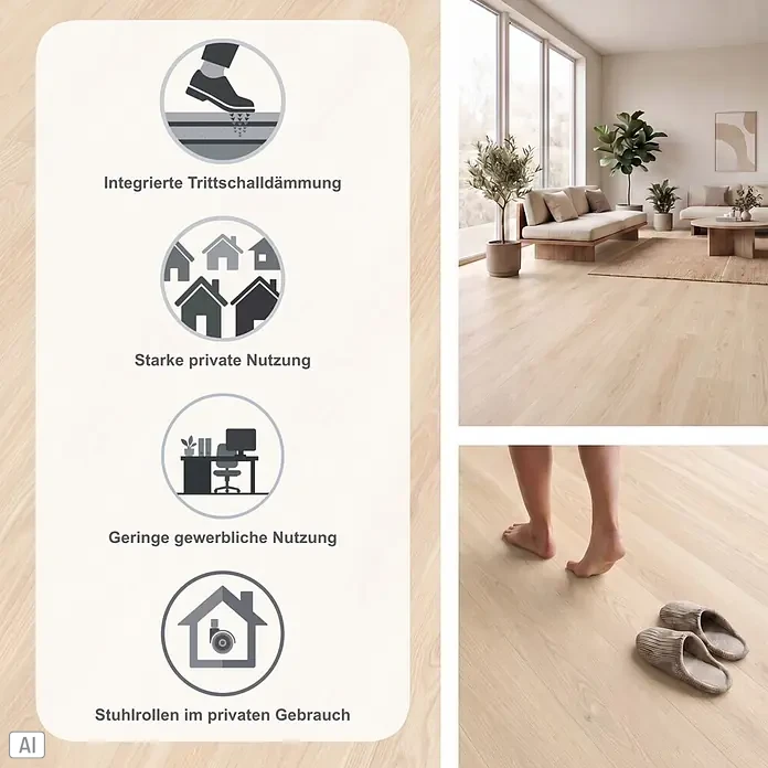 Decolife Designboden Freestyle - Oak Classic White, Landhausdiele, 1.220 x 185 x 8 mm - Heller Holzboden mit Icons für Trittschalldämmung, starke private und geringe gewerbliche Nutzung, sowie Stuhlrollen im privaten Gebrauch.