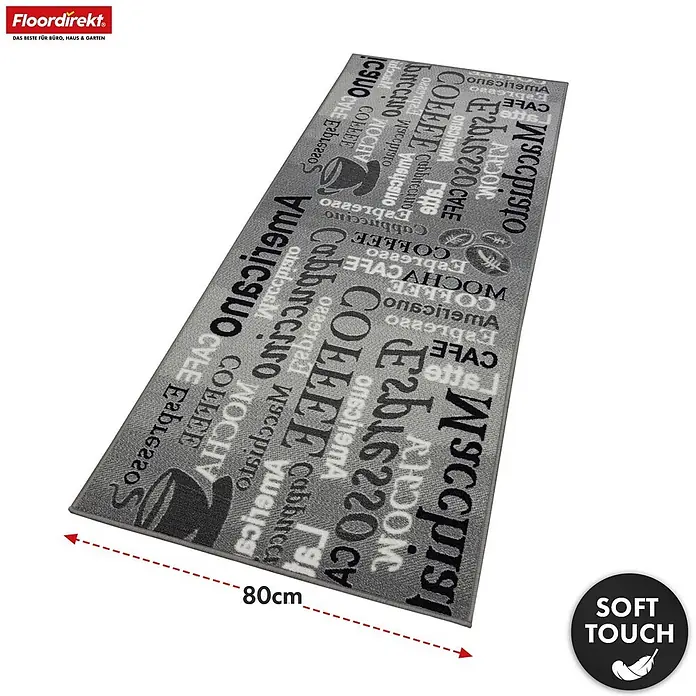 Floordirekt Teppichläufer Teppichläufer Coffee 80 x 150 cm - Küche - Graue Kaffeematte (80cm lang) mit Wörtern wie "KAFFEE", "Espresso" und Tassensymbolen.