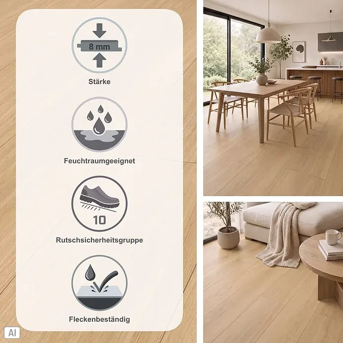 Parador Designboden Modular One - Eiche Artemis natur, Schlossdiele, 2.200 x 235 x 8 mm - Heller Holzlaminatboden, 8 mm Stärke, feuchtraumgeeignet, Rutschsicherheitsgruppe 10 und fleckenbeständig.