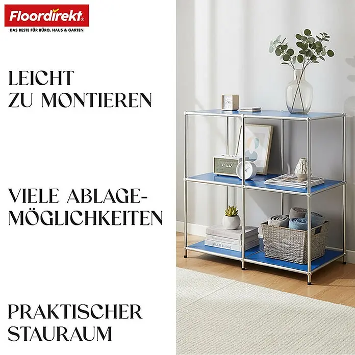 Floordirekt Metallregal Concept Epure MK-027 Sideboard 78 x 40 x 82 cm Blau -  - Blaues und silbernes modulares Regal, dekoriert mit Wohnaccessoires, bietet vielseitigen Stauraum.