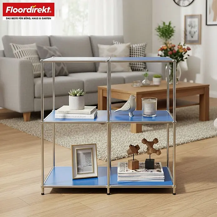 Floordirekt Metallregal Concept Epure MK-027 Sideboard 78 x 40 x 82 cm Blau -  - Blau-silbernes modulares Regal, stilvoll dekoriert in einem Wohnzimmer mit Büchern und Deko.