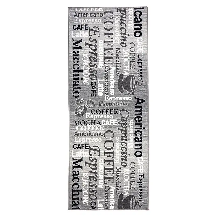 Floordirekt Teppichläufer Teppichläufer Coffee 80 x 150 cm - Küche - Graue rechteckige Matte mit Kaffee-Begriffen wie Espresso, Latte, Coffee und Mocha in verschiedenen Schriftarten und Ausrichtungen, dazu Tassen- und Bohnenillustrationen.