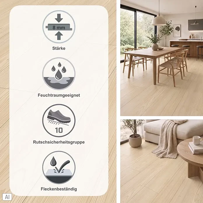 Parador Designboden Modular One - Lärche Apollo natur, 1.285 x 194 x 8 mm - Heller Holzboden (8mm, feuchtraumgeeignet, Rutschsicherheit 10, fleckenbeständig) in modernen Wohnräumen.