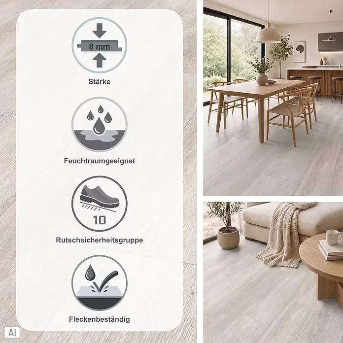 Parador Designboden Modular One - Eiche Nordic grau, 1.285 x 194 x 8 mm - Helles graues Holzbodenlaminat, 8mm dick, feuchtraumgeeignet, rutschsicher (Klasse 10) und fleckenbeständig, in modernen Wohnräumen.