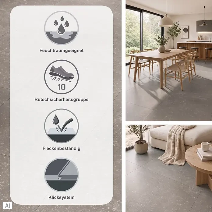 Parador Designboden Modular One - Granit grau, Landhausdiele, 853 x 400 x 8 mm - Graue Bodenfliesen in moderner Wohnumgebung, hervorhebend Eigenschaften wie Nassraumeignung, Rutschsicherheit 10, Fleckenbeständigkeit und Klicksystem.