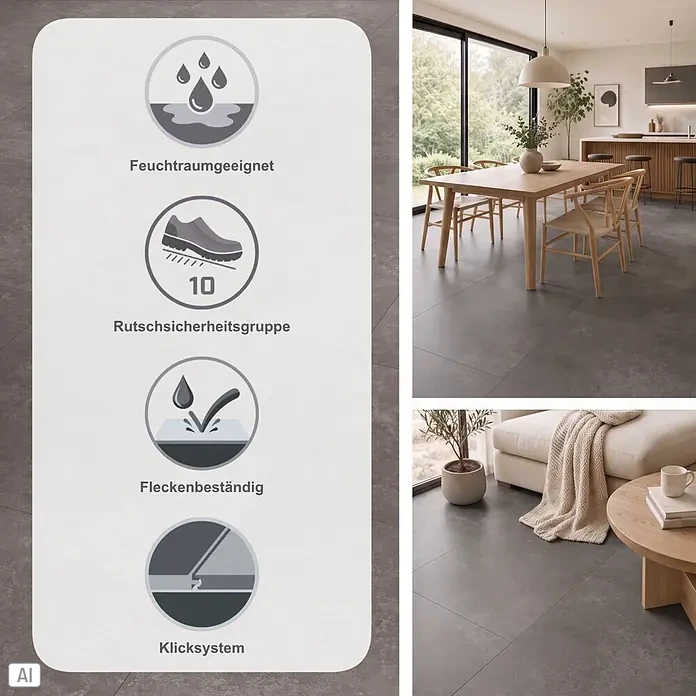 Parador Designboden Modular One - Stein Atlas schattengrau, Landhausdiele, 853 x 400 x 8 mm - Dunkelgraue, matte Bodenfliesen in modernem Zuhause. Eigenschaften: Feuchtraumeignung, Rutschsicherheit, Fleckenbeständigkeit, Klicksystem.