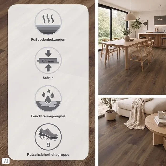 Living by Haro Hydrostar Designboden - Eiche Schokobraun, Landhausdiele, 1.282 x 235 x 6,5 mm - Dunkles Holzoptik-Boden in modernen Räumen, zeigt 6,5mm Stärke, Feuchtraumeignung, Fußbodenheizungskompatibilität und Rutschsicherheit.