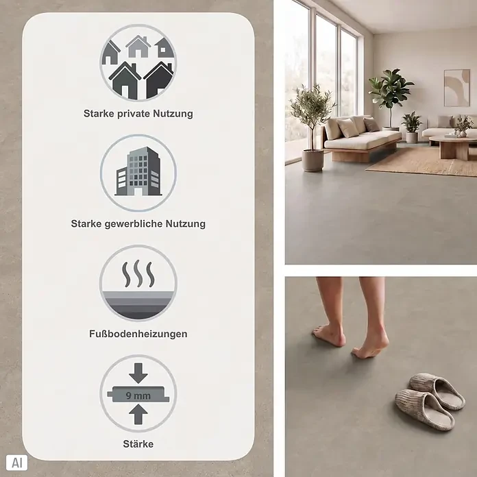 Decolife Designboden Naturestyle Pure - Concrete Grey, Fliese, 905 x 295 x 9 mm - Strapazierfähiger, neutraler Bodenbelag (9mm stark) für hohe private und gewerbliche Nutzung, geeignet für Fußbodenheizung. Abgebildet in einem modernen Wohnzimmer.
