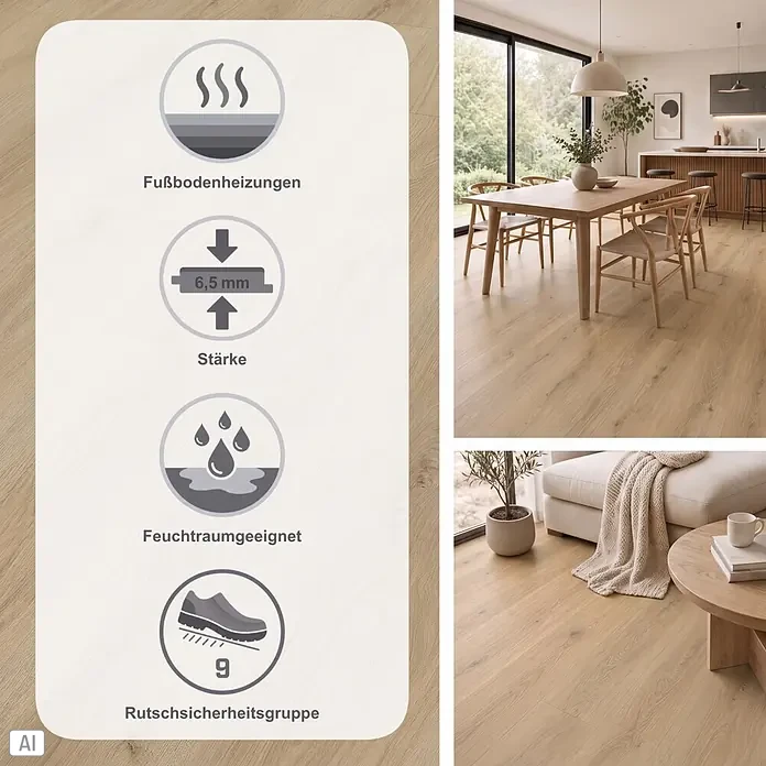 Living by Haro Hydrostar Designboden - Eiche Lucca puro, Landhausdiele, 1.282 x 235 x 6,5 mm - Heller Holzboden in modernem Zuhause gezeigt, mit Infografik zu 6,5 mm Stärke, Fußbodenheizung, Feuchtraumeignung und Rutschsicherheitsgruppe 9.