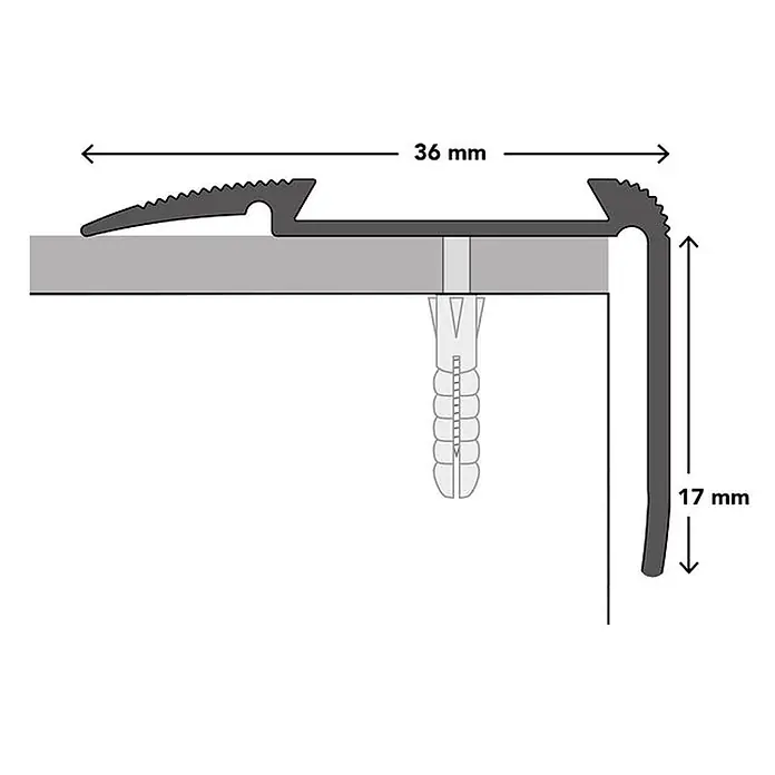 Floordirekt Treppenkantenprofil Glory 134 cm Silber - Aluminium, Silber, Eloxiert - Dunkelgraues/schwarzes Treppenkantenprofil, 36 mm breit, mit 17 mm vertikalem Abfall, mit Schraube und Dübel montiert.