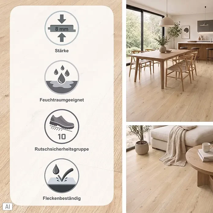 Parador Designboden Modular One - Eiche Atmosphere geschliffen, Schlossdiele, 2.200 x 235 x 8 mm - Heller Holz-Laminatboden in modernem Zuhause, mit 8mm Stärke, feuchtraumgeeignet, Rutschsicherheitsgruppe 10 und fleckenbeständig.
