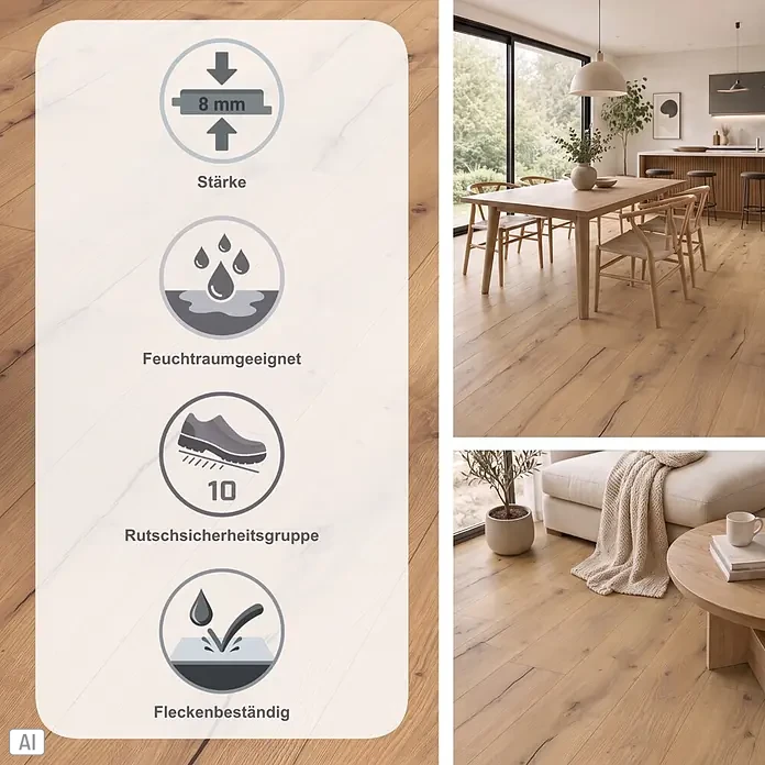 Parador Designboden Modular One - Eiche Trento Rustikal, 1.285 x 194 x 8 mm - Helles Eichenholz-Laminat, 8mm stark, feuchtraumgeeignet, rutschsicher (Gruppe 10) und fleckenbeständig. Präsentiert in Wohnbereichen.