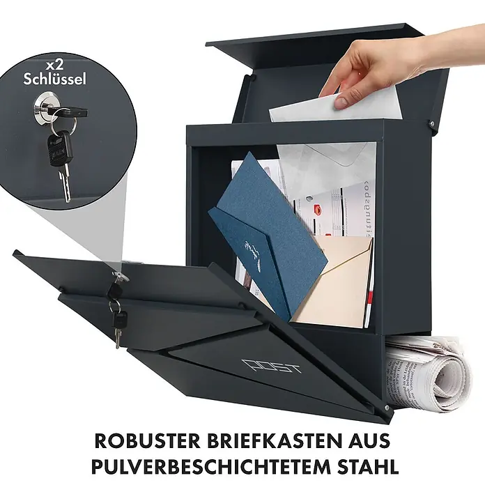 Floordirekt Wandbriefkasten Armand mit Zeitungsfach und C4-Einwurfklappe - Anthrazit, Stahl, Zeitungsfach - Dunkelgrauer Briefkasten aus pulverbeschichtetem Stahl mit Einwurfschlitz, Zeitungsfach und zwei Schlüsseln.