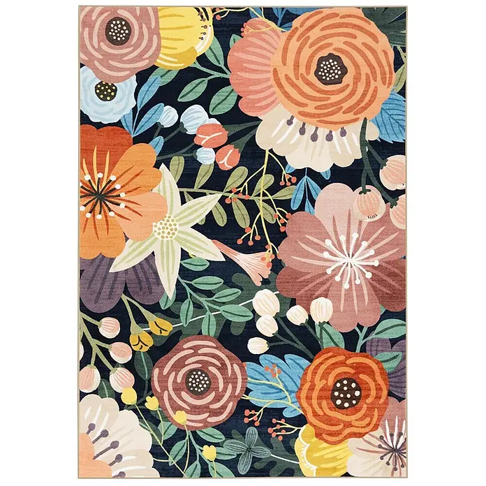 Floordirekt Kurzflorteppich Tropica 160 x 230 cm - Multicolor - Rechteckiger Blumenteppich mit dunkelblauem Hintergrund und lebhaften, mehrfarbigen Blumen.