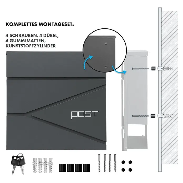 Floordirekt Wandbriefkasten Armand mit Zeitungsfach und C4-Einwurfklappe - Anthrazit, Stahl, Zeitungsfach - Dunkelgrauer Briefkasten mit "POST"-Schriftzug, Installationsdiagramm und Montageset: Schlüssel, 4 Schrauben, 4 Dübel, 4 Gummimatten, 4 Kunststoffzylinder.