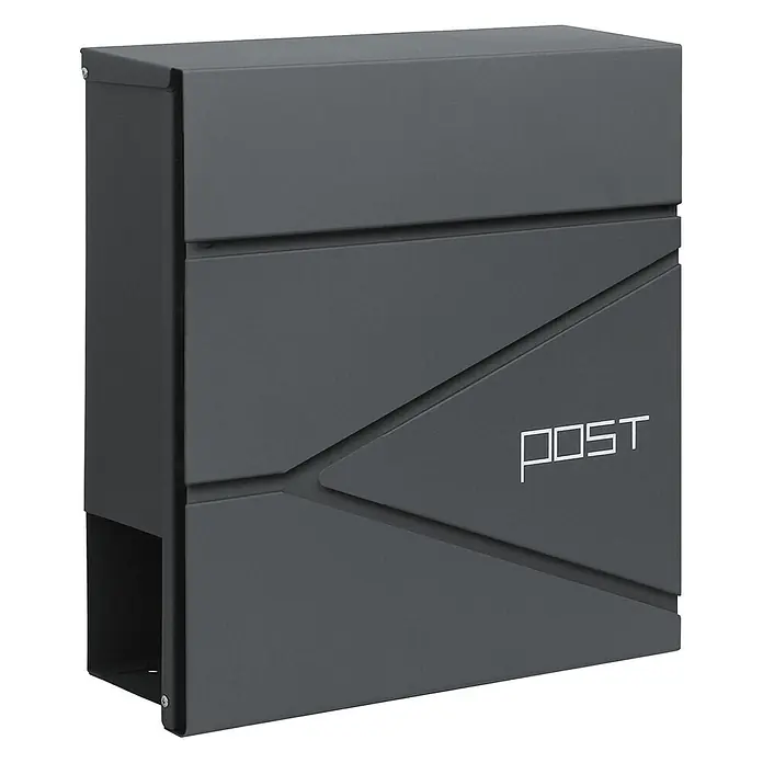 Floordirekt Wandbriefkasten Armand mit Zeitungsfach und C4-Einwurfklappe - Anthrazit, Stahl, Zeitungsfach - Anthrazitfarbener Briefkasten mit modernem, schrägem Design und „POST“-Schriftzug.