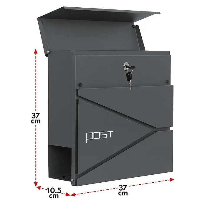 Floordirekt Wandbriefkasten Armand mit Zeitungsfach und C4-Einwurfklappe - Anthrazit, Stahl, Zeitungsfach - Dunkelgrauer Metallbriefkasten mit 'POST'-Schriftzug und Schlüssel im Schloss, 37x37x10.5 cm.