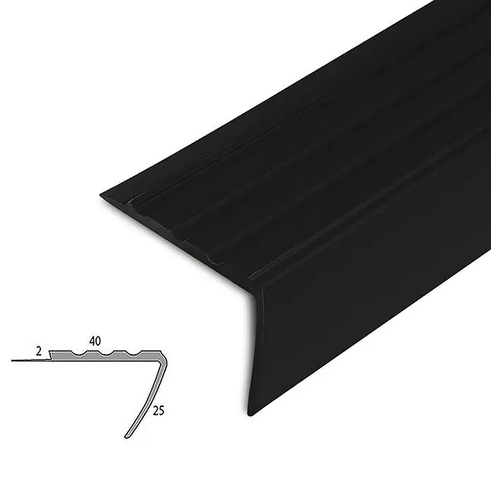 Floordirekt Stufenkantenprofil Toronto - Schwarz - 100 x 4 x 2,5 cm -  - Schwarzes geriffeltes Treppenkantenprofil mit abgewinkelter Kante zum Stufenschutz, mit Maßzeichnung.