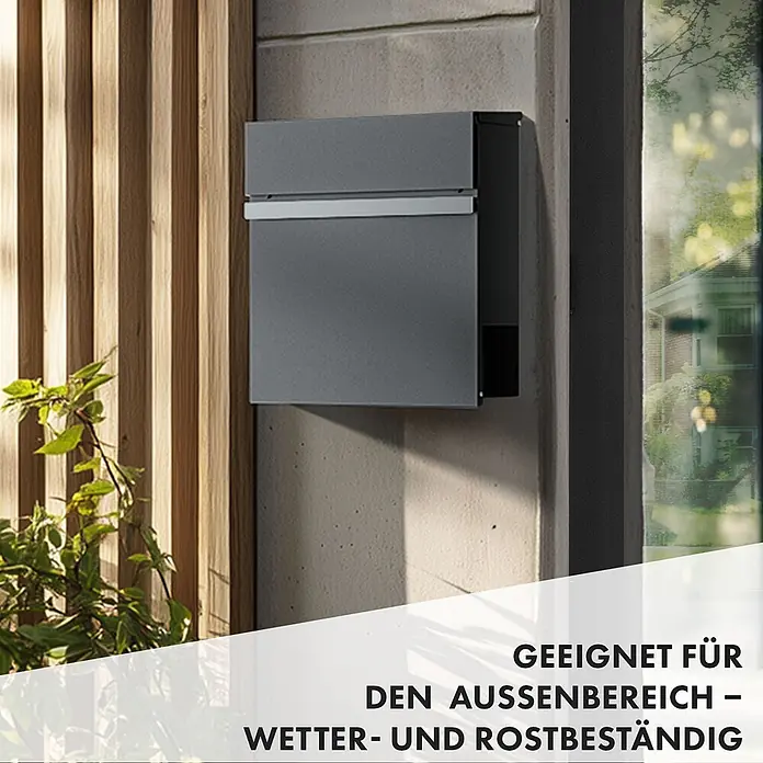 Floordirekt Briefkasten Gaston mit Zeitungsfach Edelstahl -  - Dunkelgrauer moderner Briefkasten an einer Außenwand.