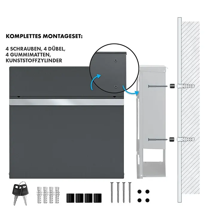 Floordirekt Briefkasten Gaston mit Zeitungsfach Edelstahl -  - Dunkelgrauer Briefkasten mit 2 Schlüsseln, 4 Schrauben, 4 Dübeln, 4 Gummimatten, 4 Kunststoffzylindern und Wandmontageanleitung.
