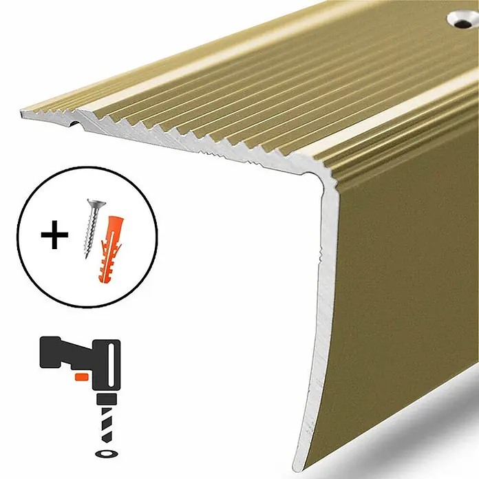 Floordirekt Stufenkantenprofil Integral L-Form Gold 90x3x2 cm Vorgebohrt -  - Goldfarbenes, geriffeltes Aluminium-Treppenkantenprofil mit vorgebohrten Schraubenlöchern, für Rutschsicherheit auf Treppen.