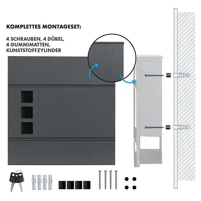 Floordirekt Briefkasten Jules mit Zeitungsfach Anthrazit -  - Dunkelgrauer Briefkasten mit Wandmontagediagramm. Komplettes Montageset enthält 4 Schrauben, 4 Dübel, 4 Gummimatten, Kunststoffzylinder und Schlüssel.