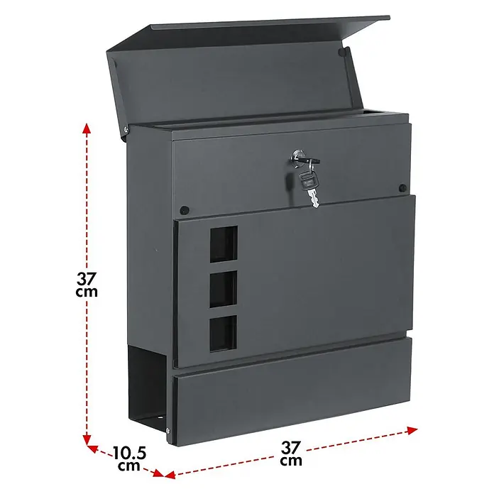 Floordirekt Briefkasten Jules mit Zeitungsfach Anthrazit -  - Dunkelgrauer Metallbriefkasten mit geöffneter Klappe, Schloss mit Schlüsseln, Sichtfenstern und angezeigten Maßen: 37x37x10,5 cm.