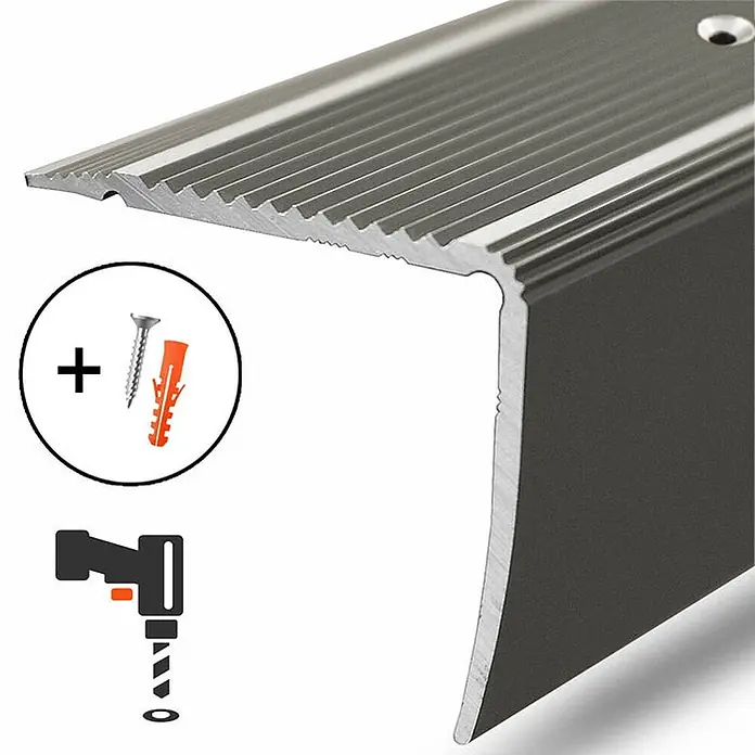 Floordirekt Stufenkantenprofil Integral Champagner 90x3x3,5 cm Vorgebohrt -  - Geripptes metallisches Treppenkantenprofil als Antirutsch, inkl. Schrauben, Dübeln und Bohrer-Symbol für Montage.