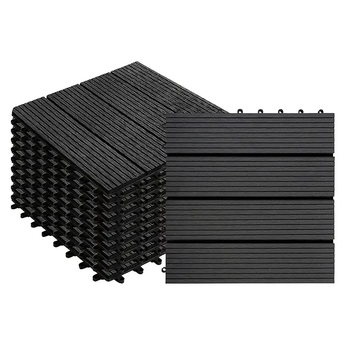 Floordirekt WPC-Klickfliese Royal Anthrazit 30 x 30 cm 11er-Set -  - Stapel dunkelgrauer, ineinandergreifender Terrassenfliesen mit Lattenoberfläche und Verbindungshaken.