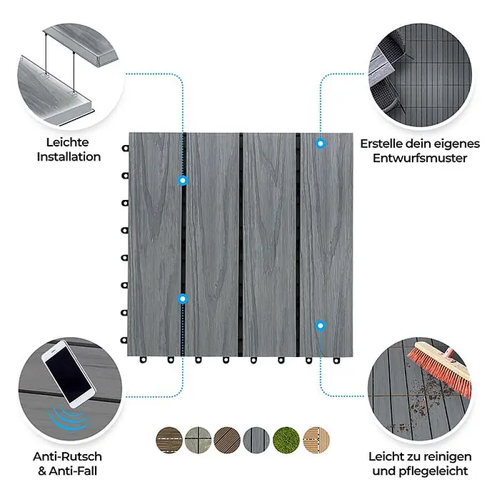 Floordirekt WPC-Klickfliese Classic Grau 30 x 30 cm 11er-Set -  - Graue Verbunddielen-Klickfliesen mit Holzoptik, hervorhebend einfache Installation, Rutschfestigkeit, anpassbare Muster & leichte Reinigung.