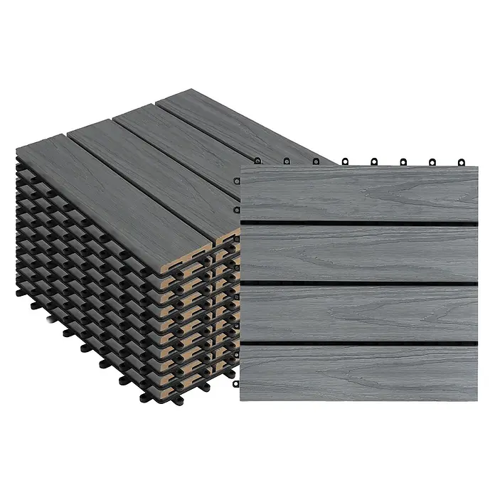 Floordirekt WPC-Klickfliese Classic Grau 30 x 30 cm 11er-Set -  - Gestapelte graue Verbundstoff-Terrassenfliesen mit Stecksystem und Nahaufnahme der strukturierten Oberfläche.