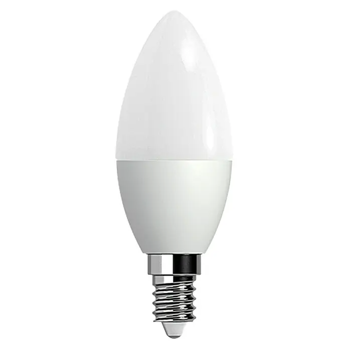Voltolux Bombilla LED - E14, Intensidad regulable, Blanco cálido, 470 lm, 6 W, Vela - Primer plano de una bombilla LED en forma de vela, con una carcasa blanca y una base de rosca sobre un fondo neutro.