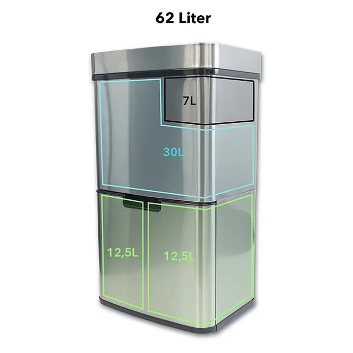 Floordirekt Mülleimer Dirk aus Edelstahl mit Bewegungssensor 62 Liter -  - Edelstahl 62L Mülleimer mit mehreren Fächern: 30L, 7L und zwei 12,5L Abteile zur Mülltrennung.