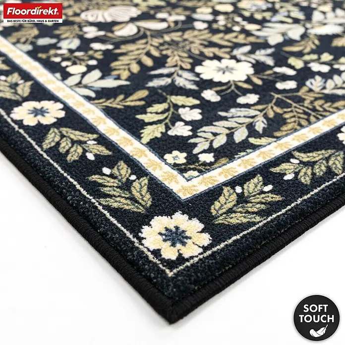 Floordirekt Kurzflorteppich Aristo 160 x 230 cm - Schwarz - Dunkelblaue Fußmatte mit komplexem Blumenmuster in Gelb, Weiß und Grün, mit dekorativer Bordüre. Weiche Haptik.