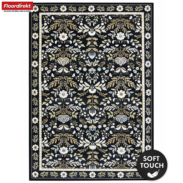 Floordirekt Kurzflorteppich Aristo 160 x 230 cm - Schwarz - Dunkelblauer Teppich mit komplexen weißen, cremefarbenen und goldenen Blumenmustern und einer Soft-Touch-Oberfläche.