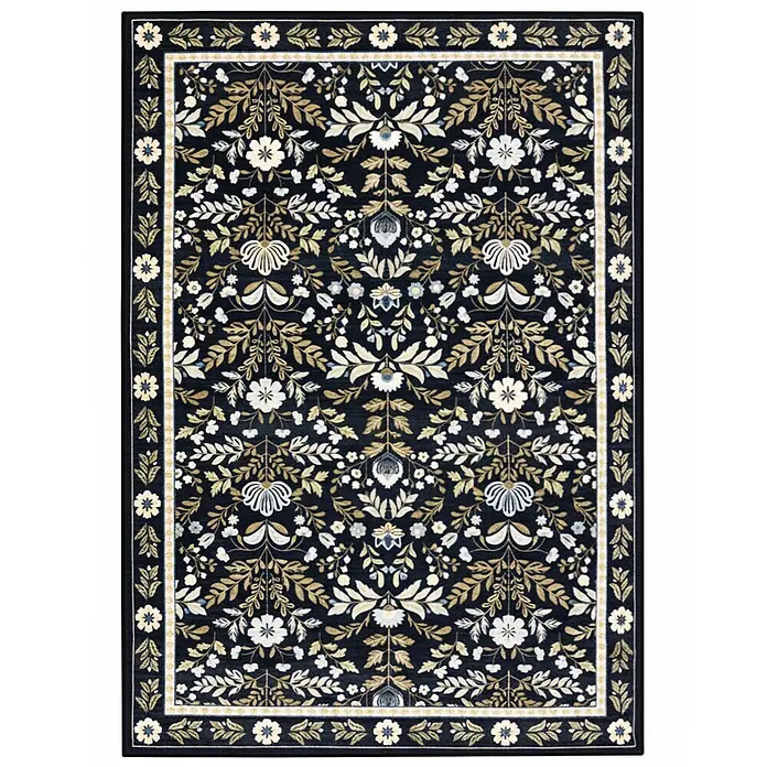 Floordirekt Kurzflorteppich Aristo 160 x 230 cm - Schwarz - Rechteckiger Teppich mit dunkelblauem Hintergrund und filigranem Blumenmuster in Weiß, Creme, Hellblau und Gold.