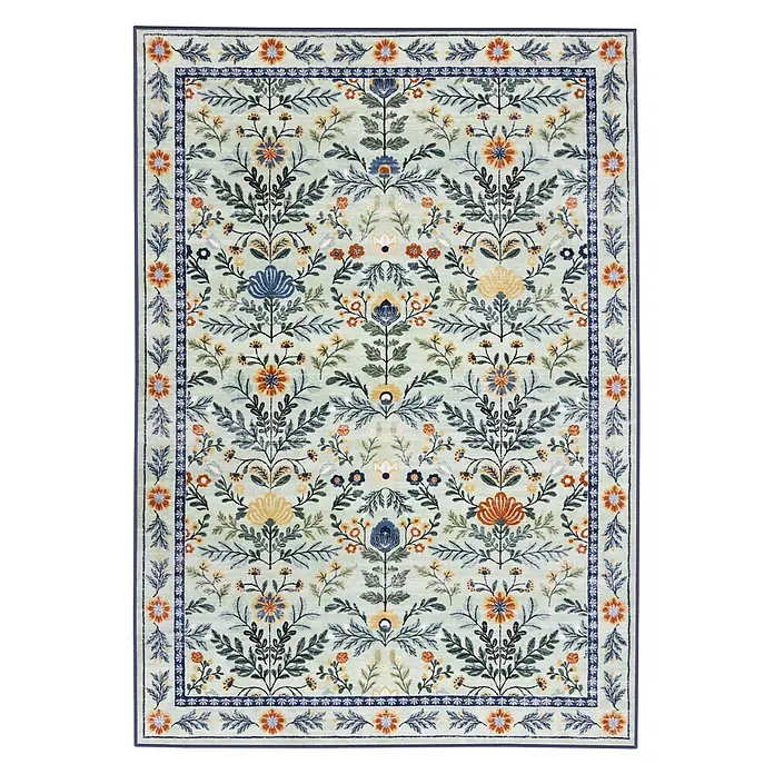 Floordirekt Kurzflorteppich Cascada 160 x 230 cm - Hellgrün - Hellgrüner Teppich mit lebhaftem floralem Muster in Orange, Blau und Gelb und dekorativem Rand.